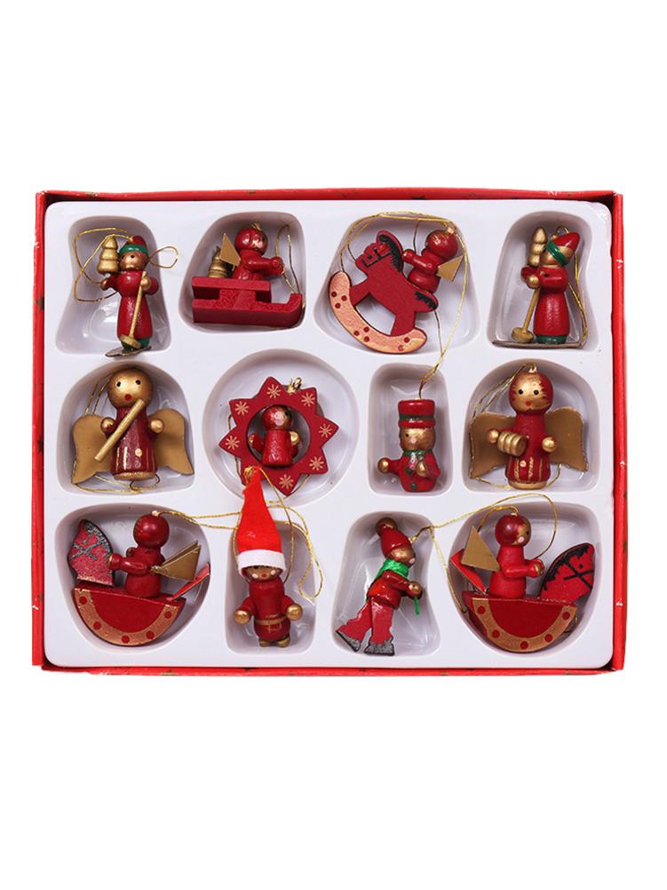 12pcs /set Year Christmas Tree Hanging Christmas Wooden Ornaments Miniature Ornaments For Home Mall Decor