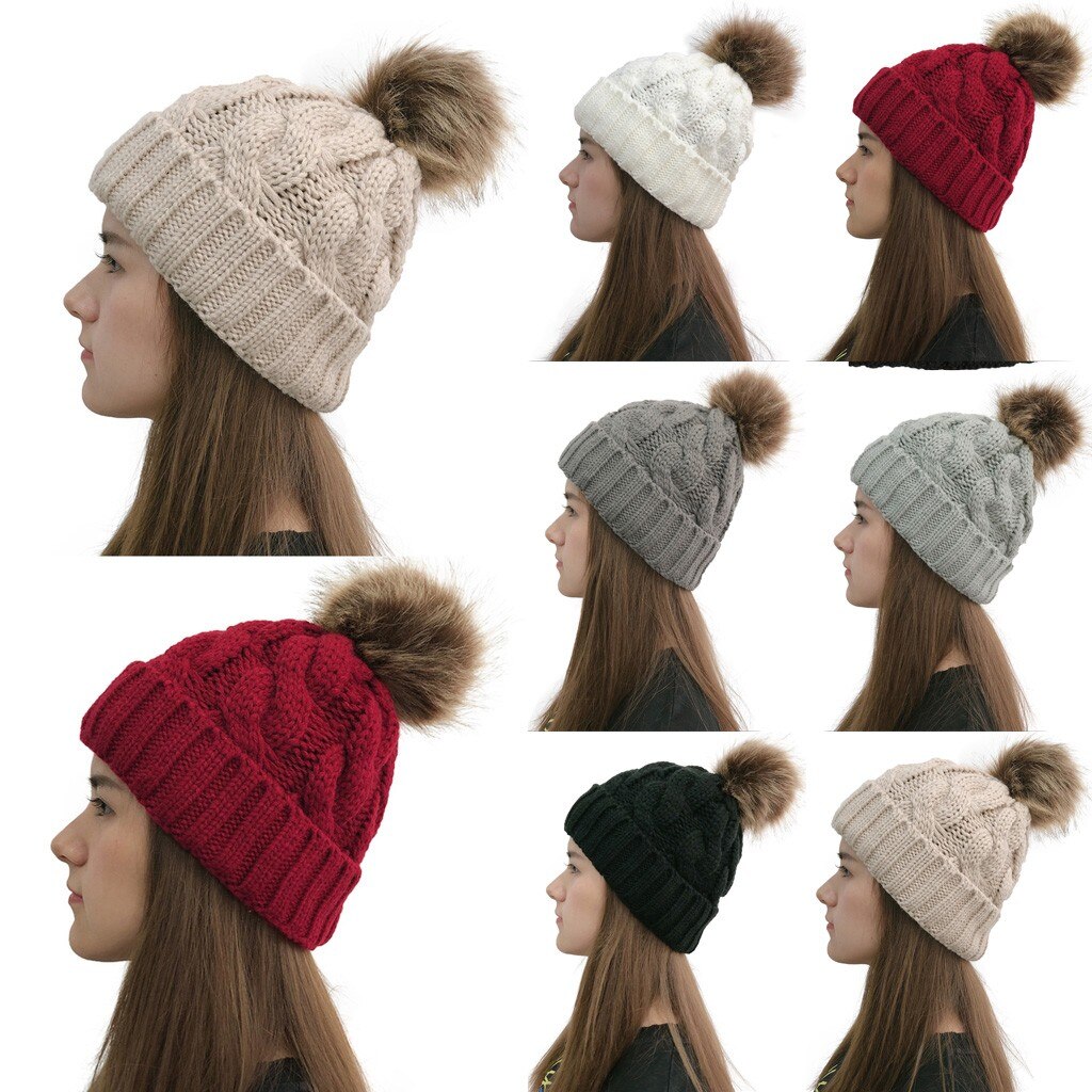 Las mujeres Casual gorrito de punto de ganchillo Cap costura resistente al aire libre bola de peluche de sombreros sombrero de mujer, gorro Ushanka hiver женские шапки зимние
