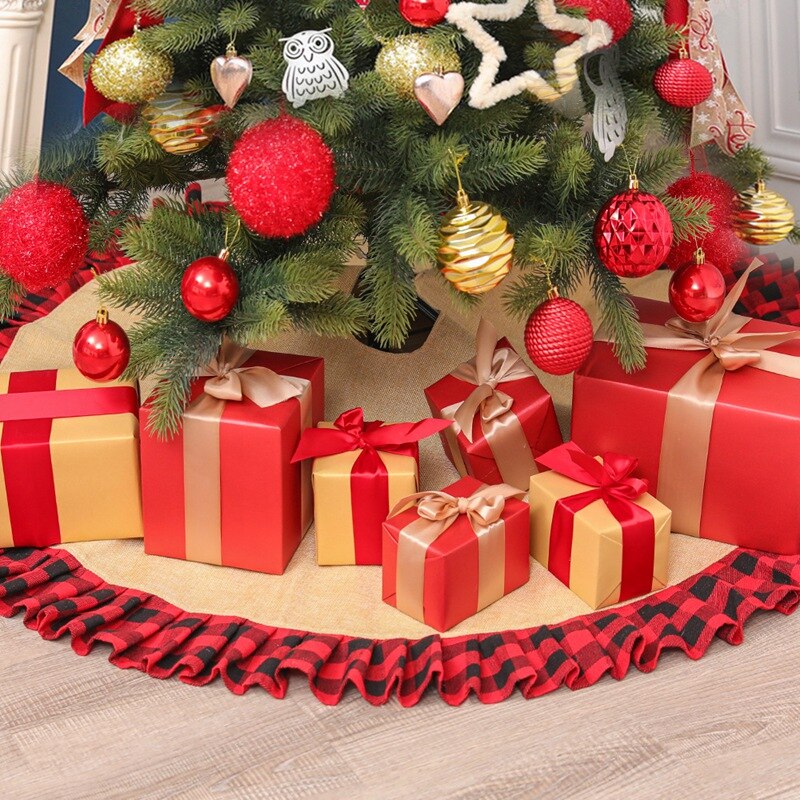 Jupe d&#39;arbre plissée en tissu écossais noir et rouge, ornements de noël, 48 pouces, bas de jupe d&#39;arbre de noël