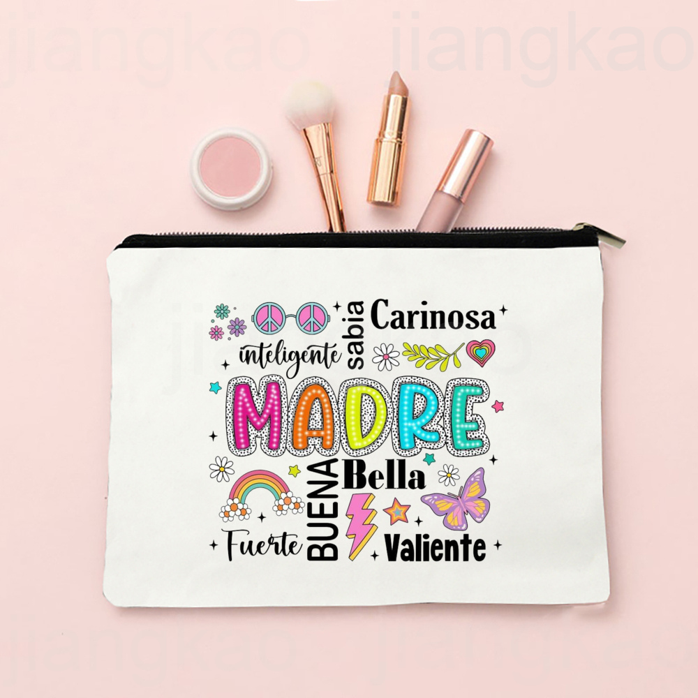 Spaans bedrukte make-uptas Reizen Neceser Toiletartikelen Opbergtas Vrouwelijke canvas cosmetische tassen Verjaardag Moederdag Cadeau voor moeder: Ivoor