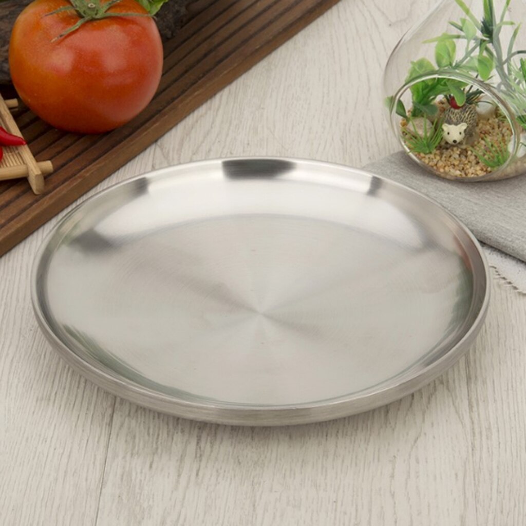 Stainless Steel Flat Dish Plate Double Insulated Thick Platter For BBQ 14cm