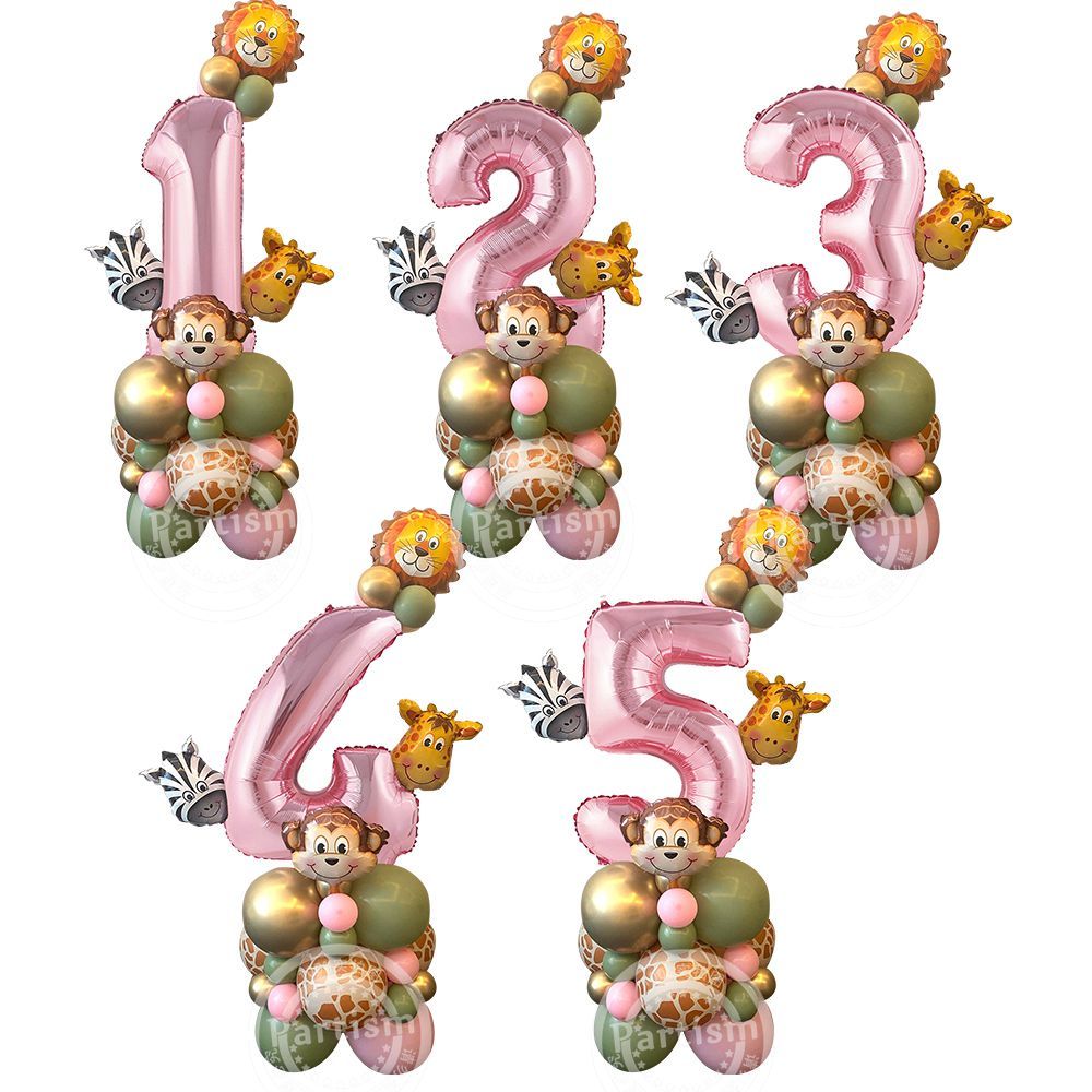 31 pezzi di cartone animale selvatico torre di palloncini da 32 pollici rosa numero palloncino Foglio per decorazioni per feste di compleanno a tema selvaggio uno da ragazza