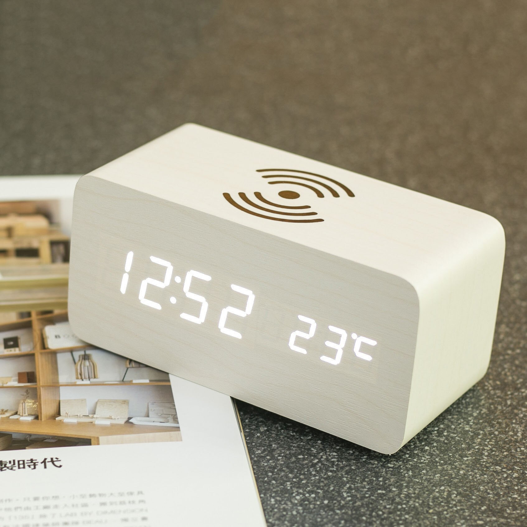 Wooden LED Electric Digital Alarm Clock Multifunctional Thermometer Clock Mobile phone Wireless Charging Clock