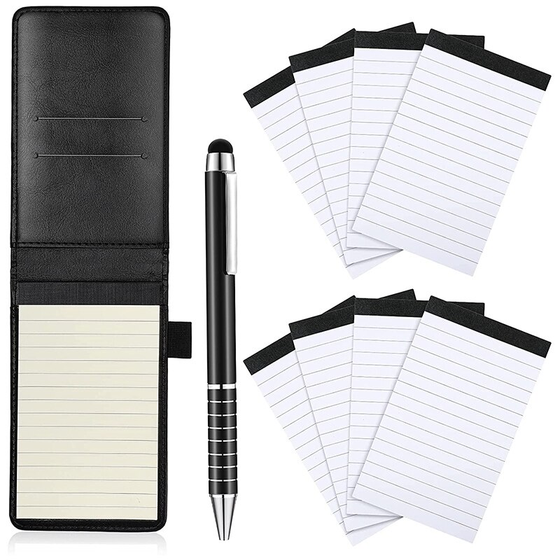 10 Pcs Notepad Holder Set, Mini Pocket Notepad Holder With 50 Lined Sheets, Metal Pen And 8 Pcs Memo Refills: Black