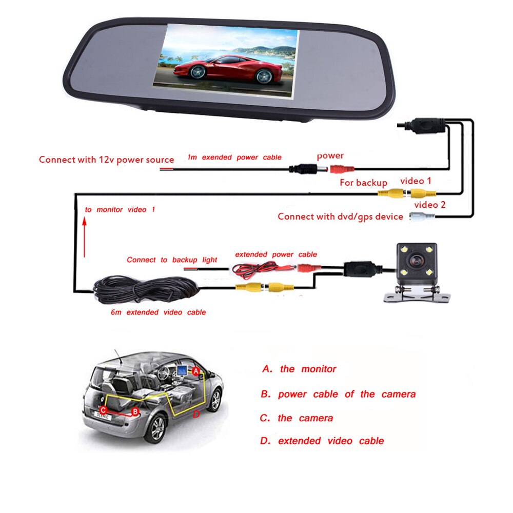 AMPrime-Monitor de espejo HD universal para coche, espejo retrovisor de 4.3 pulgadas con monitor CCD de vídeo HD para automóvil, con cámara de asistencia para estacionamiento y visión nocturna