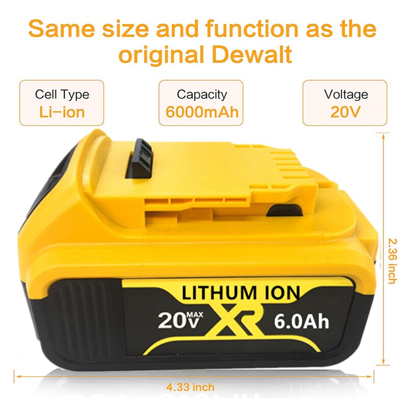 100% DCB200 20V 6000mAh replaceable Li-ion battery compatible with Dewalt 18 Volt MAX XR power tools lithium Batteries