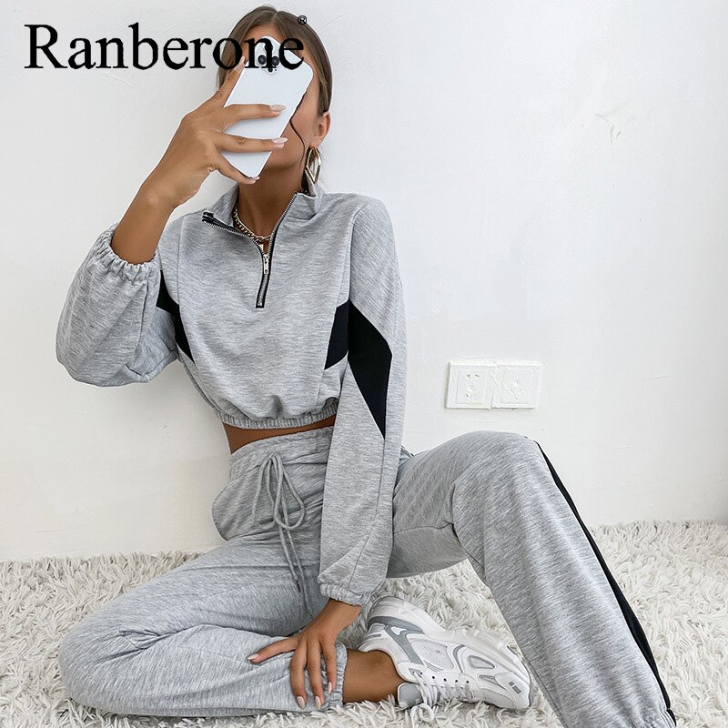 Ranberone Women&#39;s Loose Sports Casual Natching Long-Sleeved Sweater Fitness Suit Tracksuit Grey jogging Suit Sets Lady