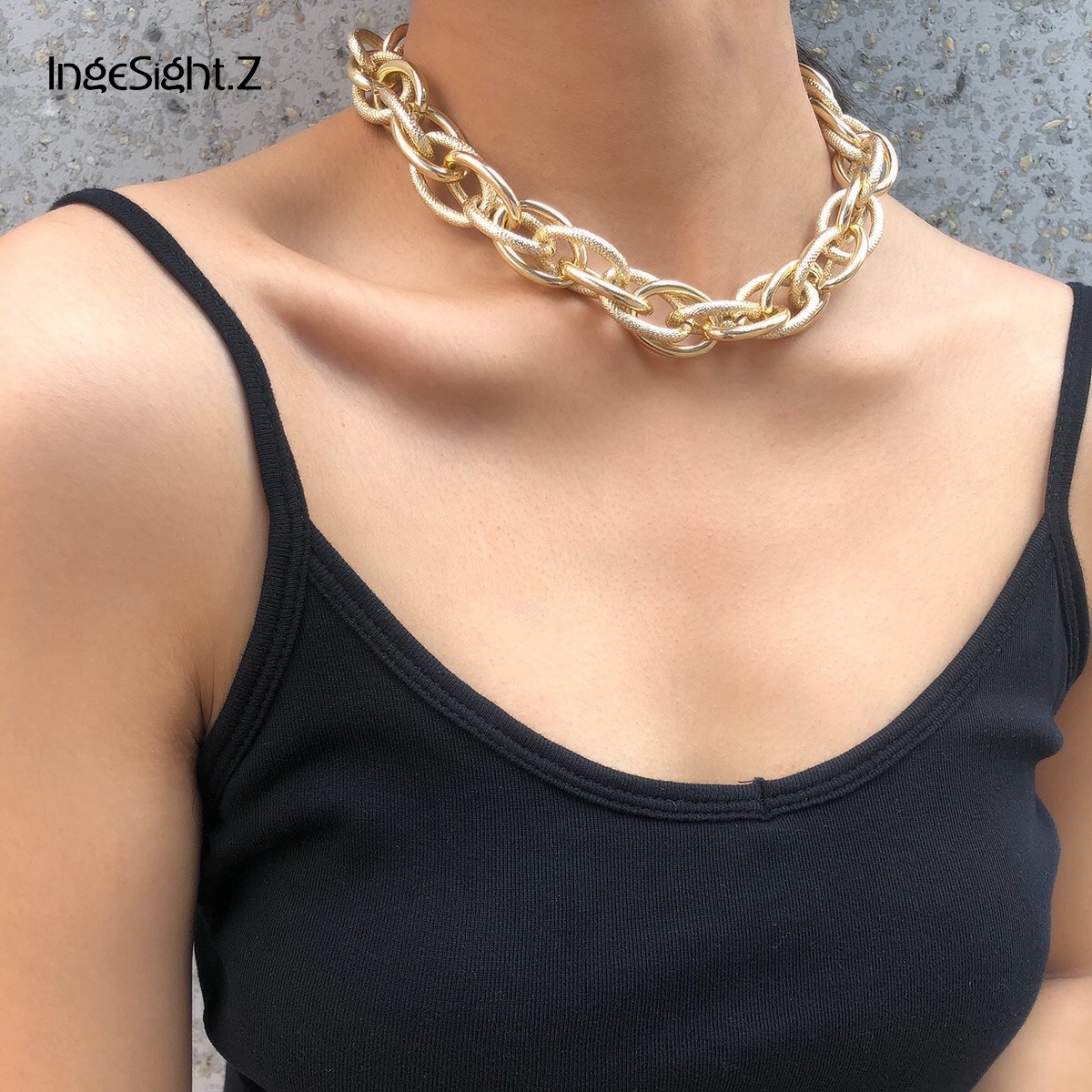 IngeSight.Z Punk Hip Hop Curb Cuban Thick Twisted Choker Necklace Statement Gold Color Chunky Metal Collar Necklace Jewelry