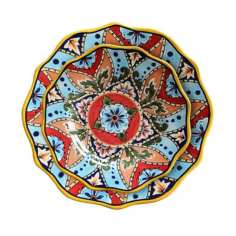 Vajilla de cerámica de estilo étnico, decoración Bohemia para el hogar, postre europeo Irregular, platos de fruta, ensaladas grandes, carne, navidad: Set C