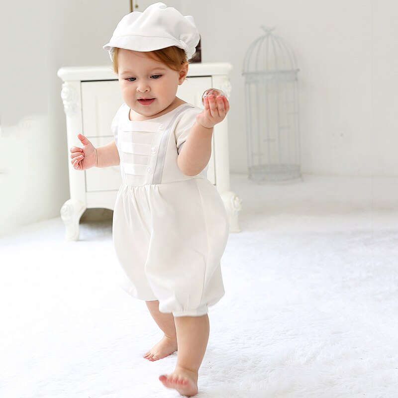 Baby Boys Christening Outfits For Birthday Party Romper + Hat Formal Gentleman Suits Baptism Boy Church Clothes