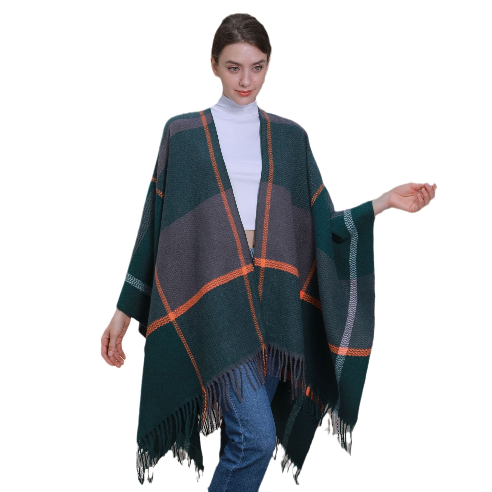Autumn Winter Warm Tassel Cardigan Poncho Cape Blanket Women Knitted Jacquard Striped Outerwear Shawl Cloak