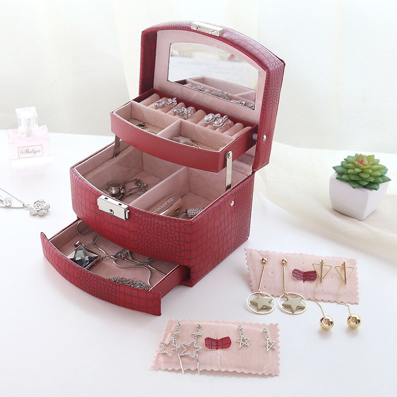 Automatic Jewelry Box 3 layers Jewelry case Jewel Package Storage Holding Ring Necklace Bracelet Earring Festival: red