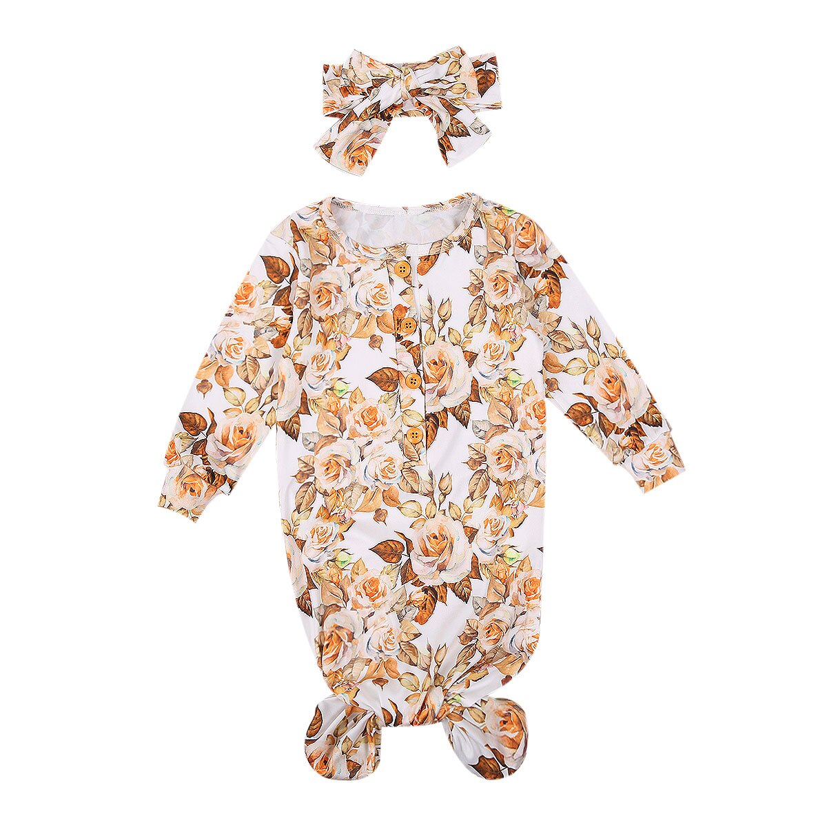 Baby Girls Nightgown Knoted Sleepers with Headband Floral Print Cotton 2 Piece Sleep Set: D