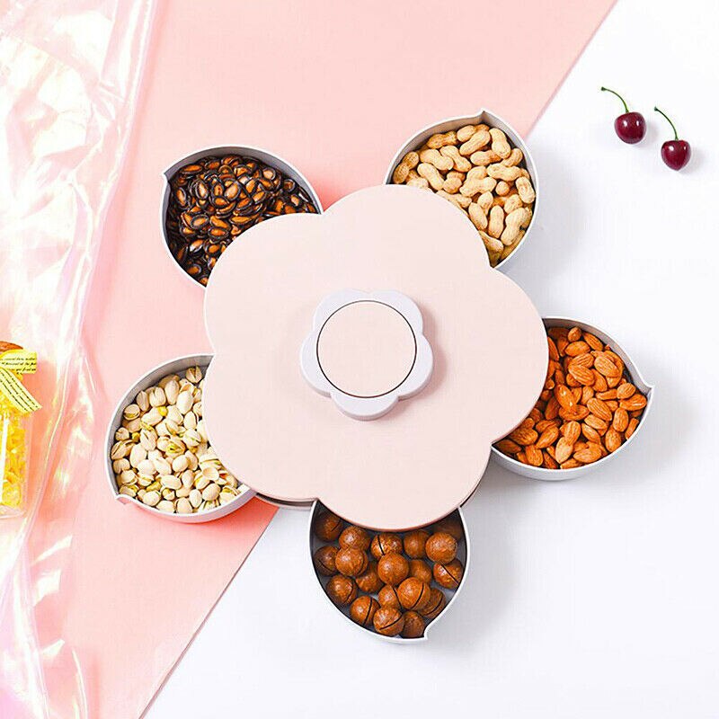 Petal Shaped Rotating Candy Box Dish Snacks Tray Five Grid Dried Fruit Plate Home Party Decor Snack Plates: Pink