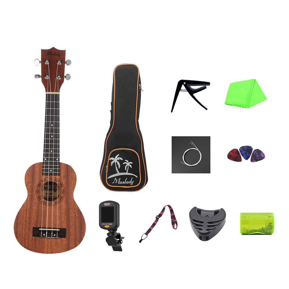 Ukelele Soprano de 21 pulgadas de Muslady, conjunto de instrumentos musicales de guitarra de madera de caoba de Ukelele, sintonizador, cuerda, Correa y bolsa: Style 1