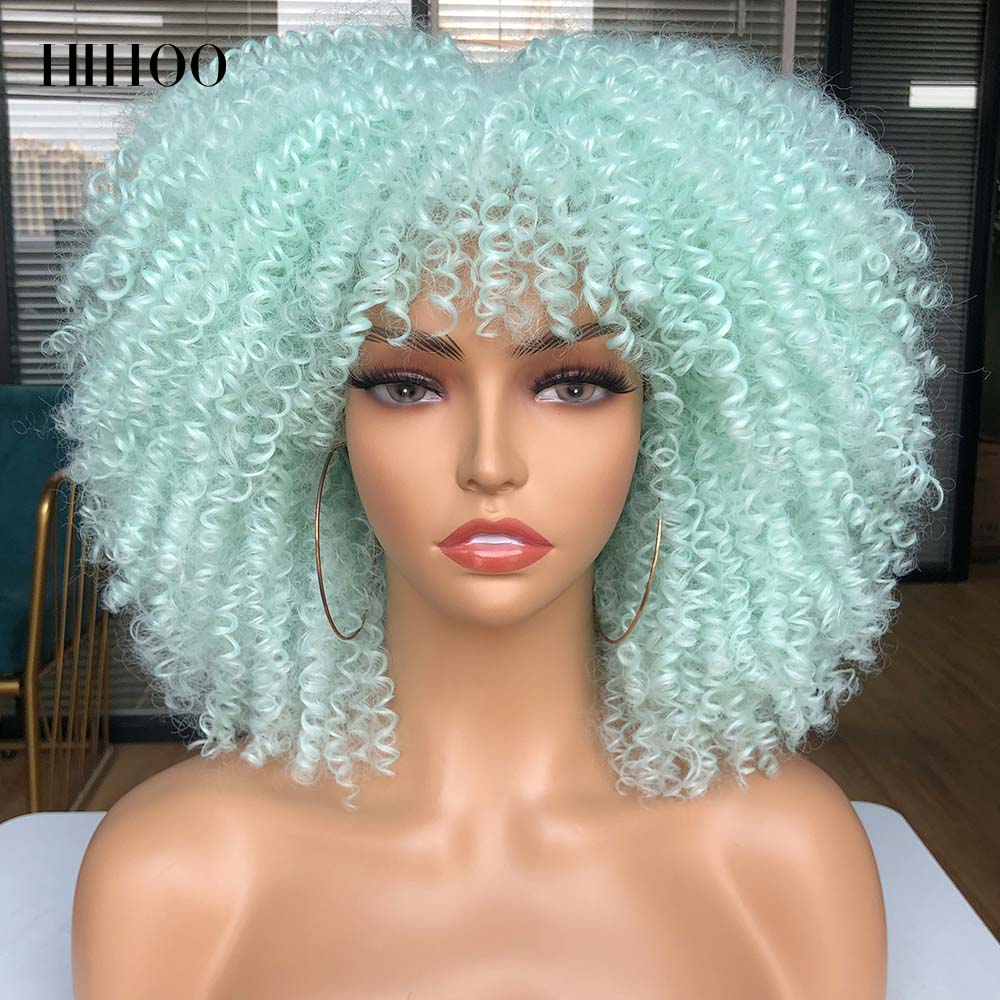 Short Hair Afro Kinky Curly Wigs With Bangs For Black Women Cosplay Lolita Synthetic Natural Blonde White Pink Blue Green Wig: 5507