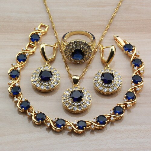 Amazing Round Blue Cubic Zirconia Yellow Gold Color Jewelry Sets For Women Africa Choker Necklace Bracelet Ring Sets: 7