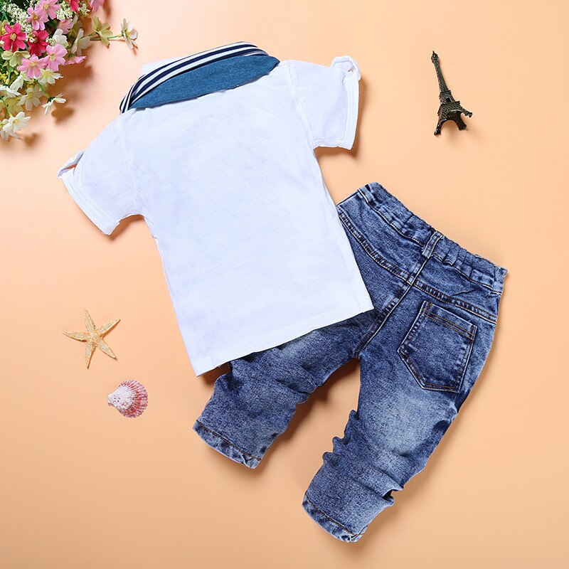 Baby gutteklær fritids-t-skjorte+skjerf+jeans 3pc barneklær sett sommer barnekostyme for 2-7 år