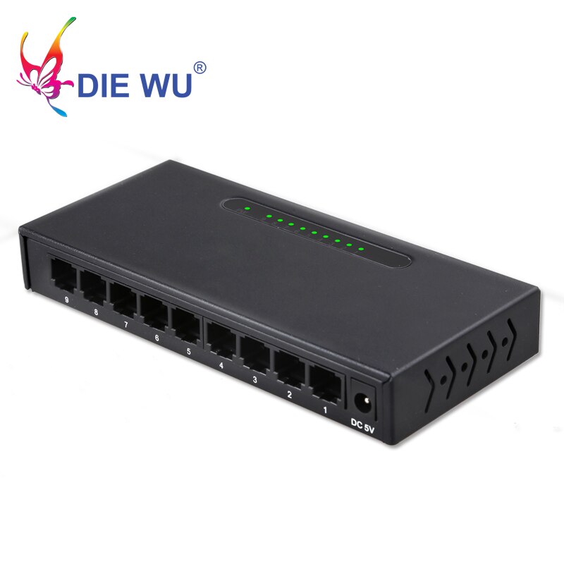 DIEWU Netwerk switch 9 poorten RJ45 10/100 Mbps Fast Ethernet switch met 1 m buffer Full-Duplex & Half-Duplex