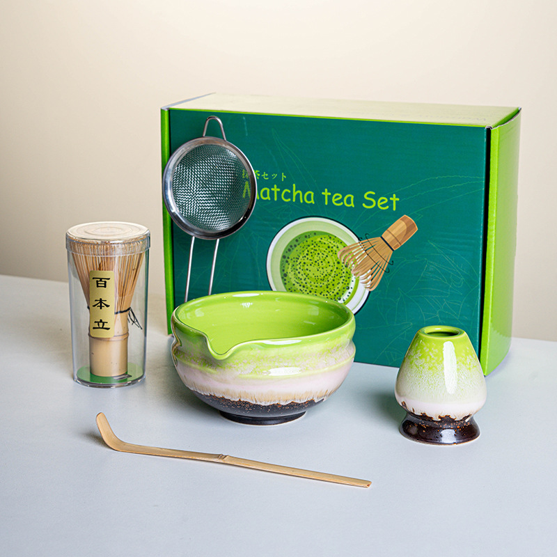 Ensemble Matcha japonais fait à la main, bol à encoche facile à nettoyer, fouet en bambou, cuillère à café, ensembles à thé, outils de préparation du thé, accessoires, 4 à 8 pièces/ensemble: kaki foncé