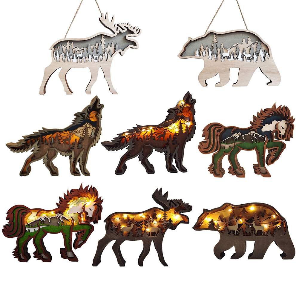 Animal Carving Handcraft Wall Hanging Sculpture 3D Wolf Horse Bear Deer Hand Painted Decorations for Home Living Room