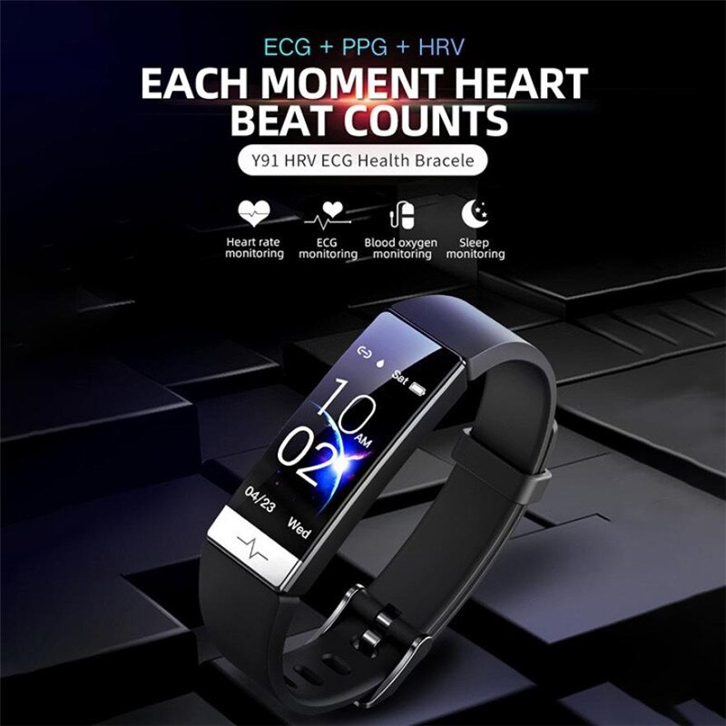 Smart Bracelet Y91 - Wodoodporna IP68 Smartwatch EKG PPG HRV Tętno - Ciśnienie Krwi - Przypomnienie WhatsApp