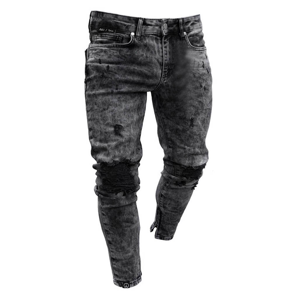 Men Knee Ripped Jeans Distressed Hole Biker Jeans Street Hip Hop Pencil Pants Black Stretch Skinny Fit Bottom Zipper Jeans