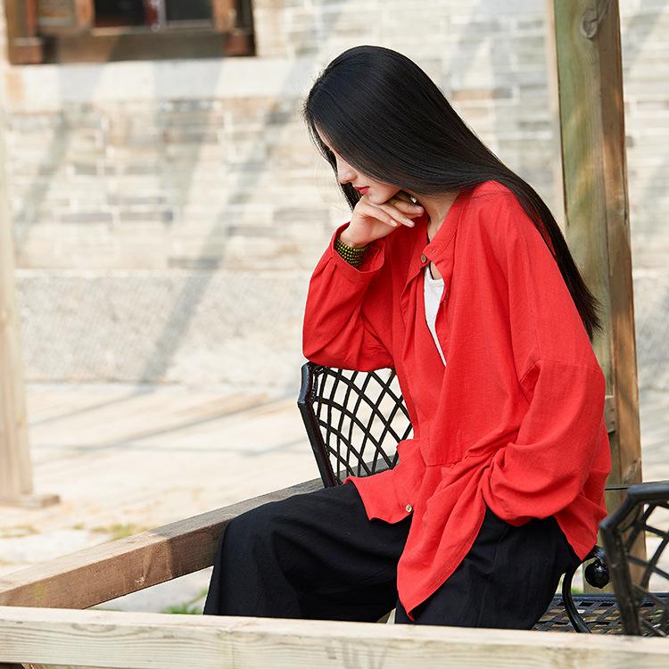 Muelle suvance verano otoño O Color sólido cuello Blusa de manga larga de lino Camisas de mujer: Rojo