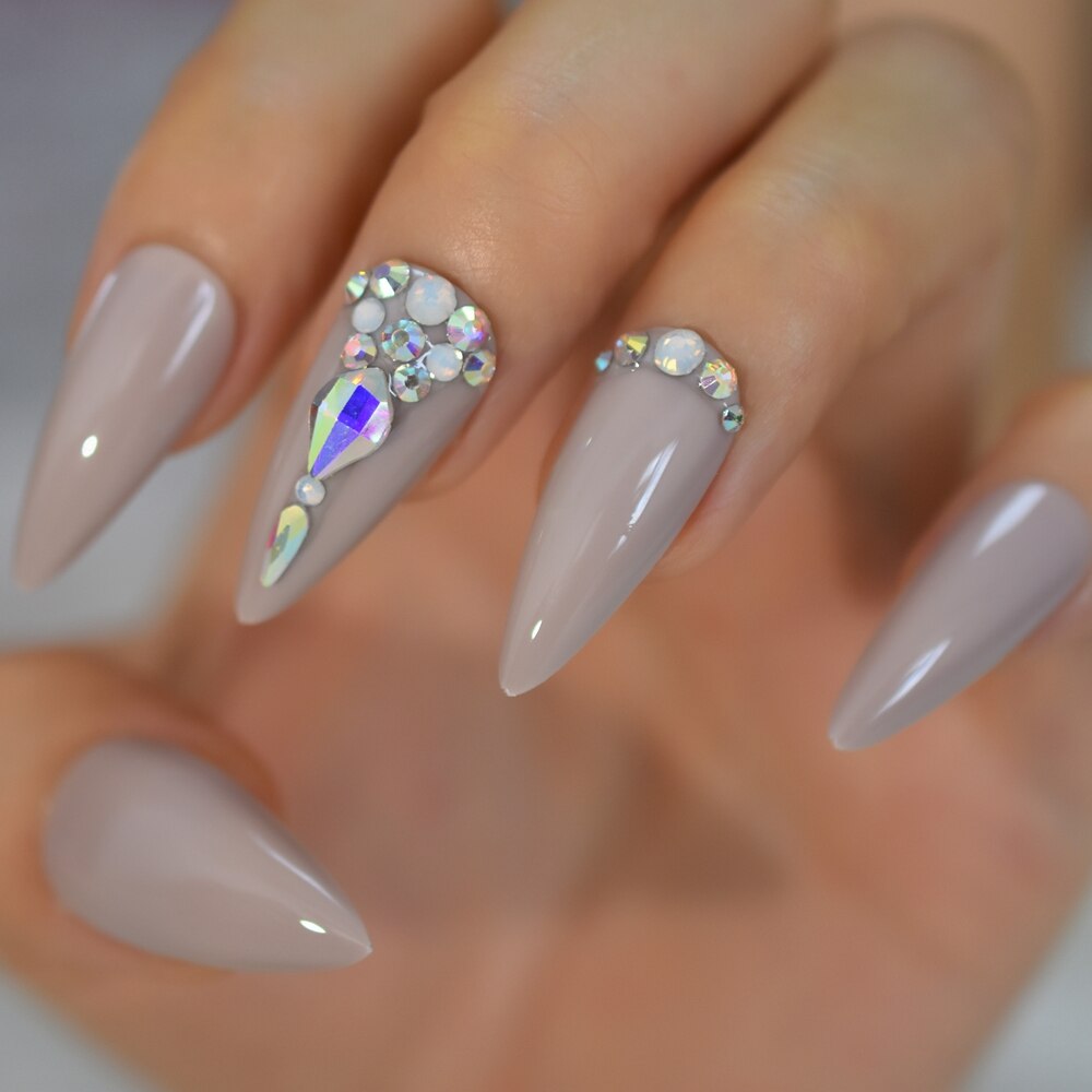 Cristal faux ongles pointus Strass Long Stiletto acrylique artificiel ongles Art conseils Strass manucure conseils 24