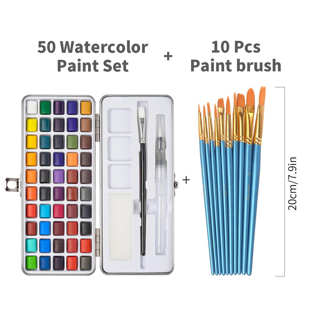 50/90 Colors Solid Watercolor Paint Set Contains Brushes in a Portable Metal Box for Beginner Drawing Painting Art Supplies: 50  with 10 Brushes