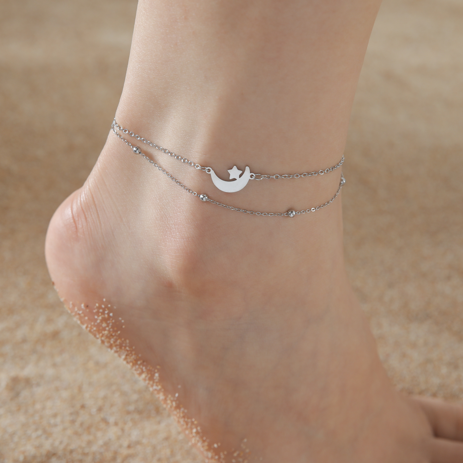 Cazador Animal Cat Dog Paw Anklets for Women Stainless Steel Double Layer Beads Foot Bracelet on the Leg Summer beach Jewelry: Platinum Plated
