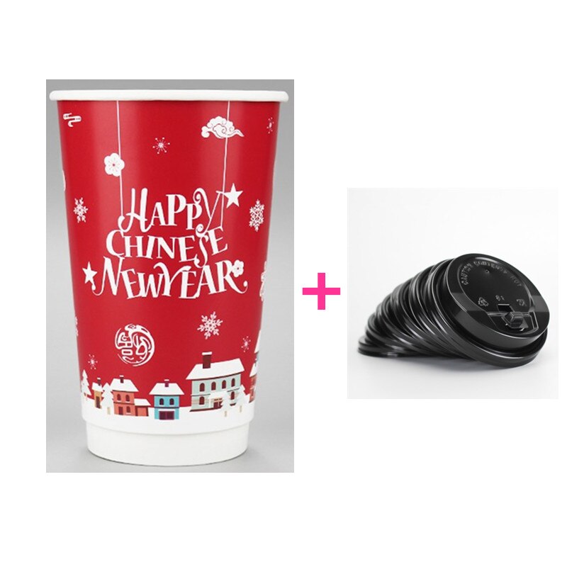 50 Pcs Christmas Party Favor Drink Dikke Dubbele Laag Papier Cup Anti-Brandwonden Wegwerp Koffie Cup Takeaway Pakket met Deksel