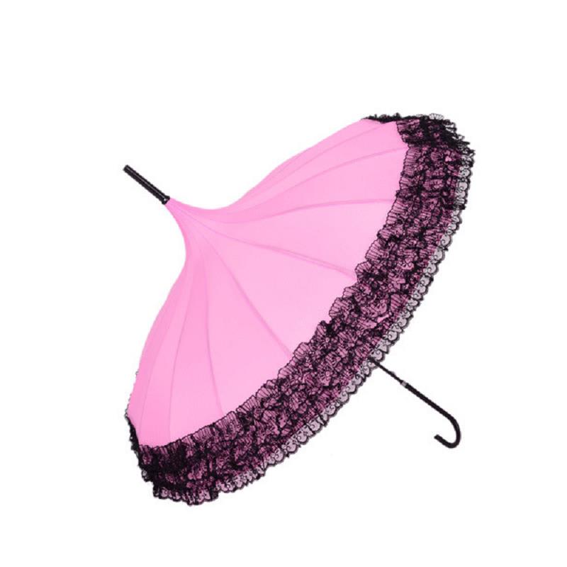 Princess Lace Pagoda Umbrellas For Straight Bar Semi Automatic Long Handle Hook Rain Gear Lady Sunshade Unbrellas Women Parasol: Pink