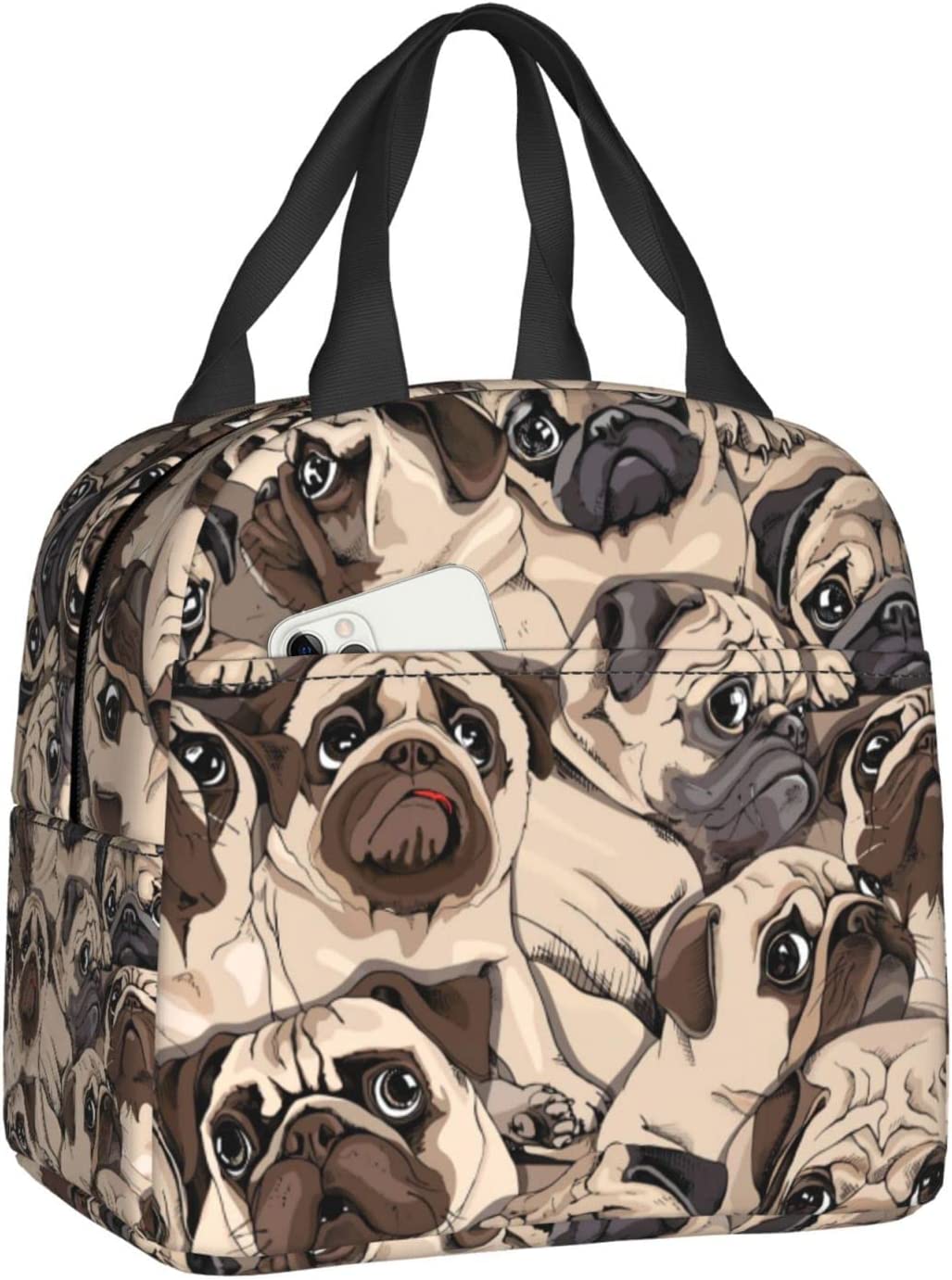 Lunch Bag Cute Pug Dog Lunch Box Insulated Bag Tote Bag For Men/Women Work Travel: black