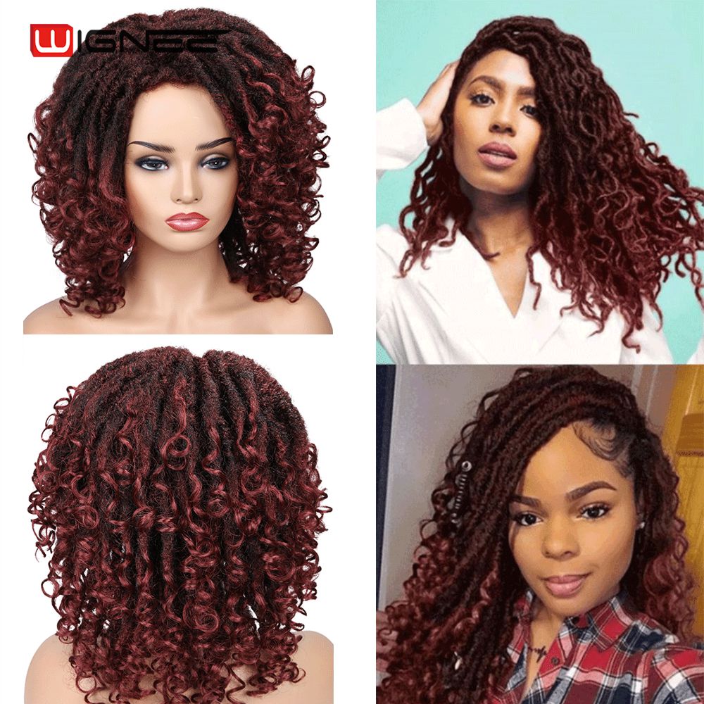 Wignee court bordeaux synthétique perruques tressage Crochet torsion pour les femmes noires Faux locs Dreadlock redoute fibre américaine cheveux perruque: T1B / Bourgogne