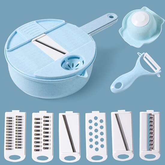 Multi-functional Vegetable Slicer Chopper Kitchen Cutter Vegetable Fruits Tools with 6 Blades Egg Divider Drainer Salad Maker: blue