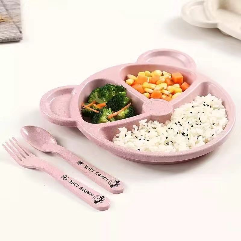 Children's Tableware Plates For Food Baby Feeding Dishes Kid Compartment Plate Child Bowl Spoon Fork Crockery Set Reusable Wheat