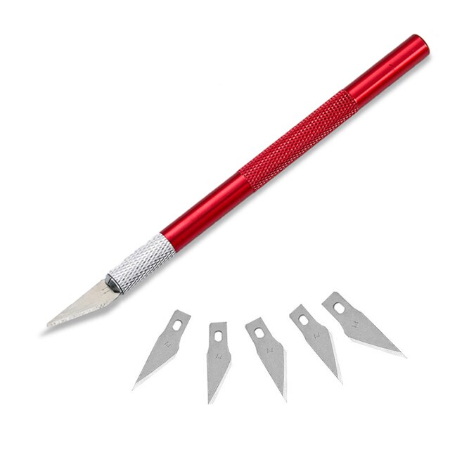 6pc/ sæt læder skære kniv pen kniv aluminium stang udskæring værktøj graver cutter håndværk læder skåret metal håndtag udskifteligt blad: Rød med 5 knive