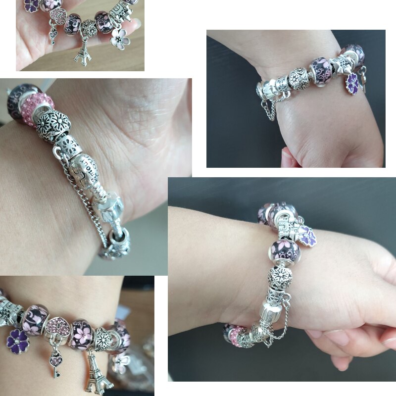 ANNAPAER Lock keys Charm Bracelet for Women Antique Silver Color Murano Glass Beads Fit Pan Bracelets Bangles DIY Jewelry B16008