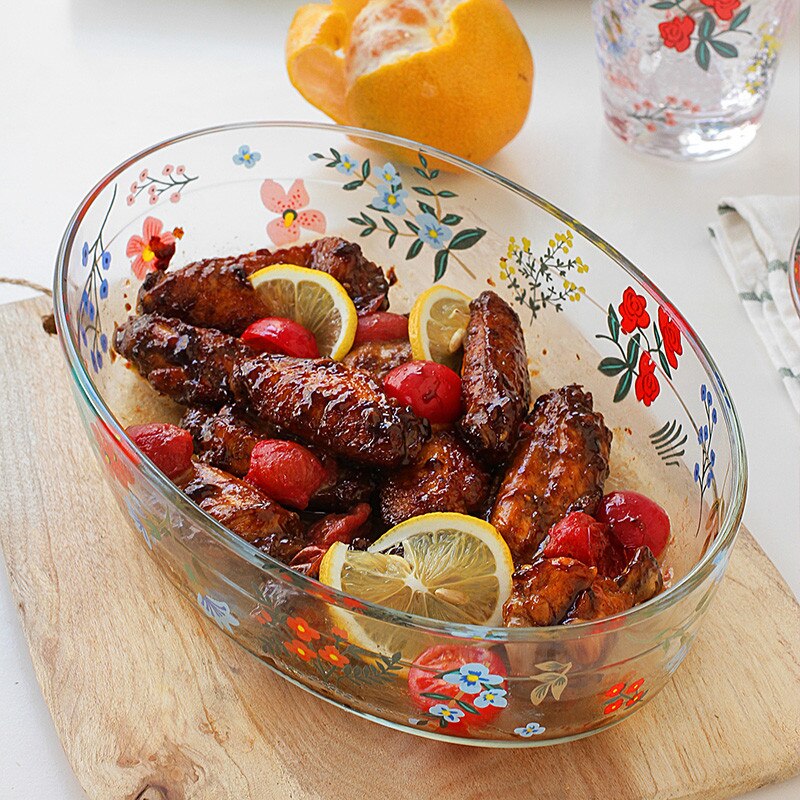 Assiette de cuisson en verre résistant à la chaleur, assiette à dîner ménagère, transparente, salade florale, bol à légumes, four, plat à Dessert, vaisselle