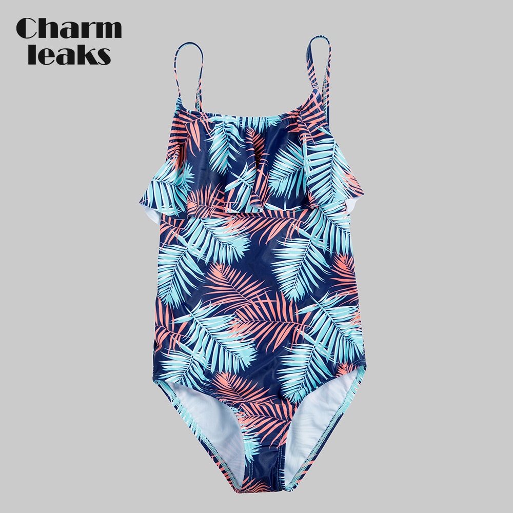 Charmleaks piges ét stykke badedragter bladprint badetøj flæse børn bikini justerbar rem strandtøj