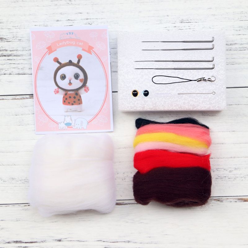 Mariquita gato lana manualidad de fieltro DIY sin terminar Poked Set Handcraft aguja Material 40JA