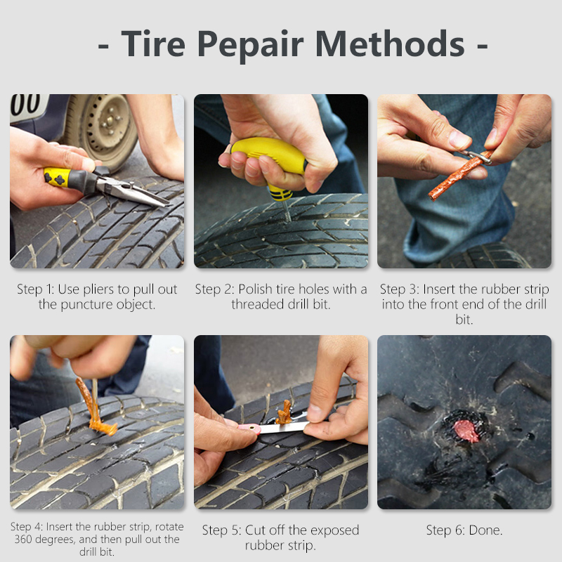 Zestaw narzędzi robić naprawy opon samochodowych, narzędzia robić naprawy przebić opon, konserwacja samochodowa, gumowe paski, kołki, korki, akcesoria robić naprawy opon rowerowych i motocyklowych.