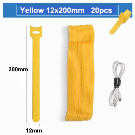 10pcs/Releasable Cable Ties Plastics Hook Loop Fastening Reusable Cable Ties Nylon Loop Wrap Zip Bundle T-type Cable Tie Wire: Yellow 12x200MM