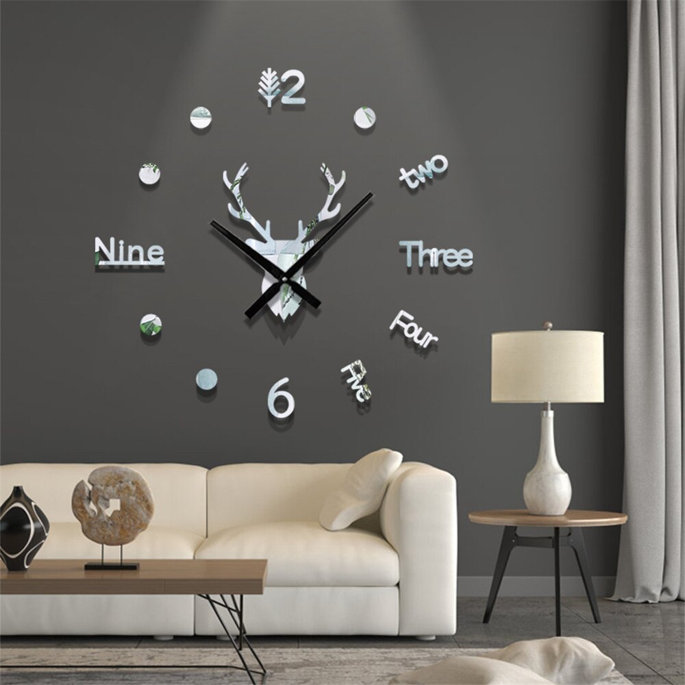 3D Acrylic Digital Deer Wall Clock Roman Numerals Large Round Wall Clock DIY Self Adhesive Living Room Clocks Stickers