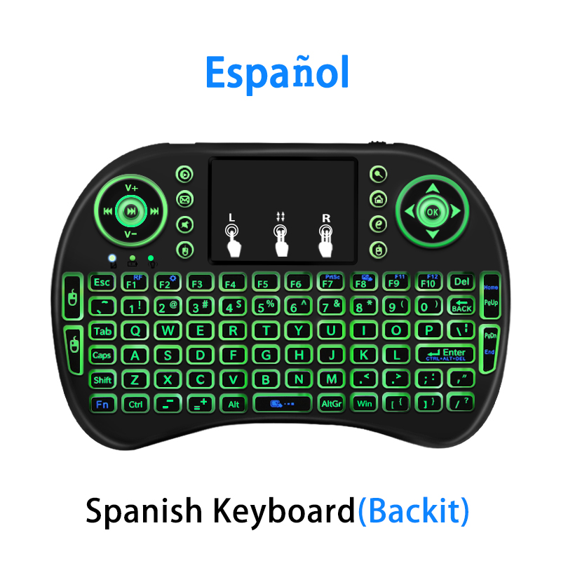 2.4Ghz Wireless Keyboard 7 color backlit i8 Mini Russian English 3 colour Air Mouse with Touchpad Remote Control Android TV Box: Spanish Backlit / Use AAA battery