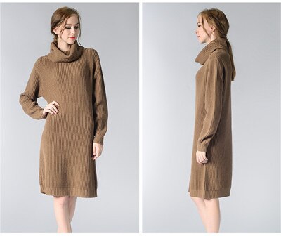 Hoffen nieuwkomers vrouwen lange trui jurk coltrui knielange losse winter gebreide jurken solid party vestidos kerst: Bruin