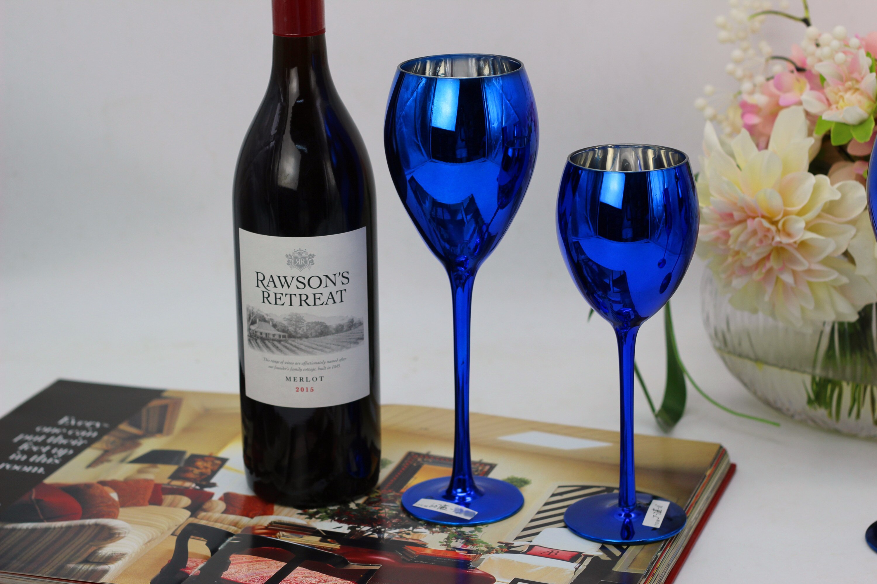 Blå farge plating metall glass beger vin champagne kopp bryllup rom dekor