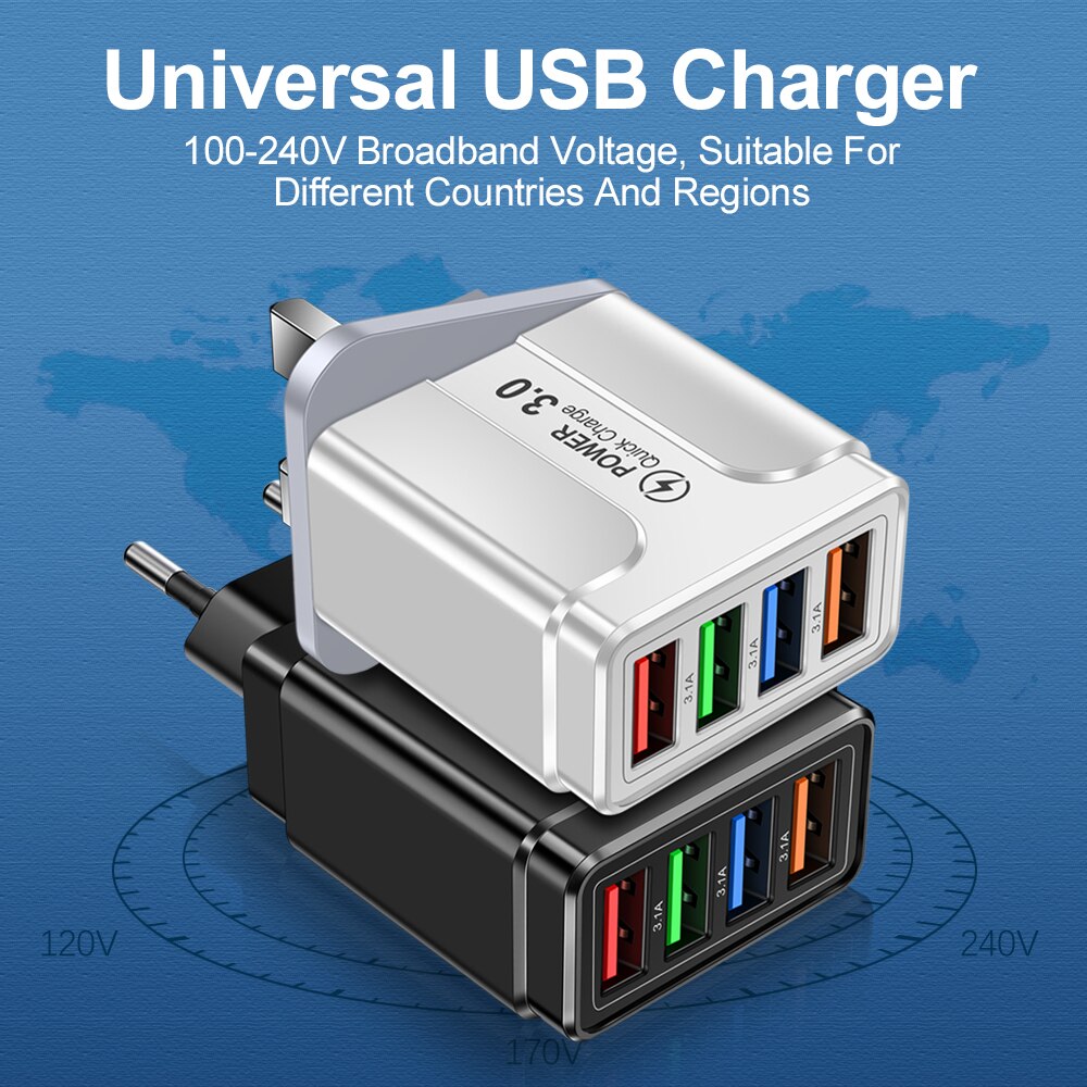4 Poorten Usb Charger 3.1A Quick Charge Travel Charger Eu/Us/Uk Plug Snel Opladen Lader Voor iphone 13 12 Pro Xiaomi Redmi