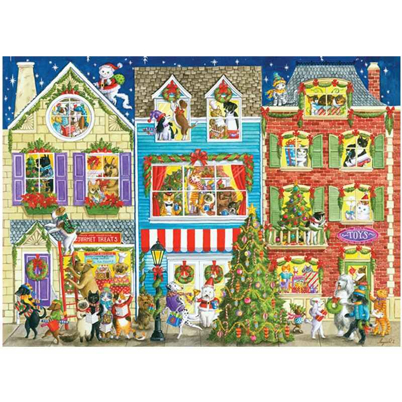 Christmas Pet Street Wooden Jigsaw Puzzle 1000 Pieces Manual Educational Toy for Children/Kids Small Crafts(52x38cm): Default Title